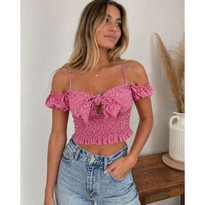 Sienna Sky Top Large Pink Smocked Puff Sleeve Crop Boho Cottagecore